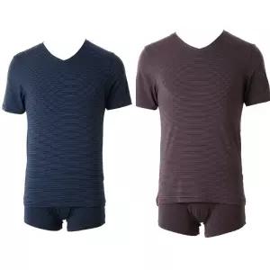 [롯데백화점]와코루 2세트 부드러운 면모달 스트라이프 반팔런닝+드로즈(WMV2435AWMP2435)