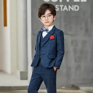 루나버블 간절기 체크 네이비 쓰리피스 정장 세트 9-21호 [5종-자켓+바지+조끼+보타이+헹거치프] 아동 남아 어린이 키즈 초등학생 주니어 결혼식룩 하객룩 졸업 앨범 촬영 봄가을 겨울 정장
