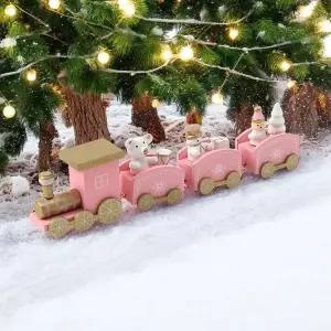[셀러에이드]해피 크리스마스 원목 기차 핑크 미니어처 장식소품 원목기차