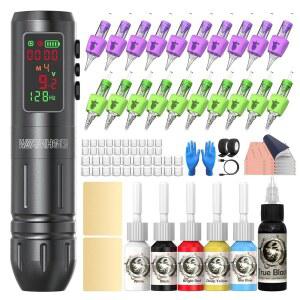 웜홀 타투 키트 77PCS 무선 건 키트, 1,600mAh 용량 배터리, 손가락 가장자리가 있는 20PCS 니들, 타투이스트를 위한 완벽한 머신 스마트 펜 WTK317