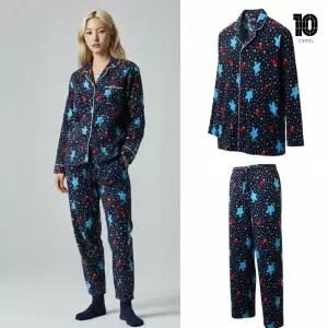 [백화점 출고] 탑텐 잠옷 여자성 벨로아 세서미 파자마 세트 네이비 패턴 셔츠형 상의 바지