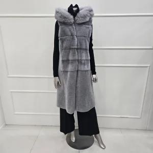 [미니멈]MZDKFV0920LG 밍크배색 리얼양모 폭스후드 롱 베스트