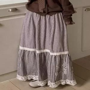 [엘루이즈][엘루이즈] [4488까지] 제니아 배색 자수 플라워 레이스 체크 밴딩 롱치마(3color)