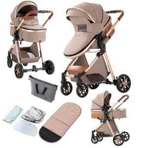 2 in 1 아기 유모차, 컨버터블 프램, 리버서블 스탠다드 휴대용 버기, 유아용 캐리지, 접이식 하이 랜드스케이프 푸시체어(225 카키)
