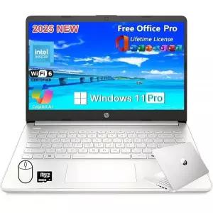 HP 2025 최신 14인치 HD 노트북 컴퓨터 인텔 프로세서 N150 16GB RAM 384GB 스토리지(128GB UFS+256GB MSD)