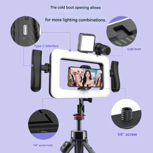 올인원 휴대용 링 라이트(안정화 기능 블루투스 리모컨 긴 배터리 수명 및 데스크탑 스탠드 포함)