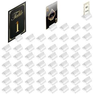 테이블 번호 카드 놀이 홀더 60팩, 작은 투명 아크릴 명함 스탠드 디스플레이 종이 게임 조각 그림 클립 가격 보드 사진 메모 메뉴 라벨 파티, 0.75인치