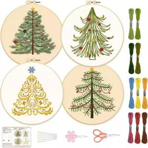 BEUNITONE 4PCS 크리스마스 트리 자수 키트 메리 스탬프 크로스 스티치 눈송이 소나무 바늘 포인트 DIY