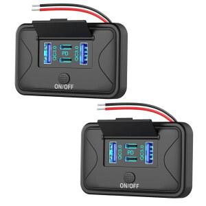 2 팩 78W 4 포트 12V USB 콘센트 벽걸이 듀얼 36W PD 및 듀얼 18W QC3.0 경량 표면 마운트 충전기 소켓 패널 버스 RV 트럭 해상 골프 카트용 버튼 스위치 포함