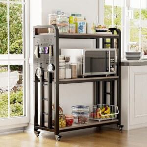 전원 콘센트가 있는 베이커 랙 이동식 스탠딩 주방 수납 선반 3단 전자레인지 카트 정리함 터 및 조절 가능