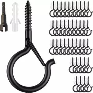 설치 도구와 함께 걸 수 있는 블랙 Q 후크 40팩 - 천장 야외용 식물 걸이 안전 버클 방풍 클립 나사 아이 S