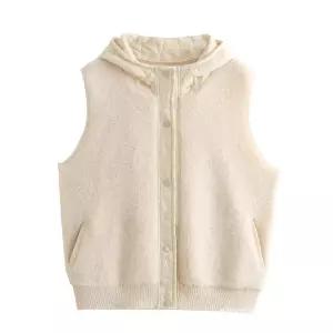 니트후드베스트 여성용 가을 겨울 캐주얼 패치워크 인조양모 민소매 조끼 따뜻한 착용감 데일리 스타일링 솔리드 컬러 후드 디자인