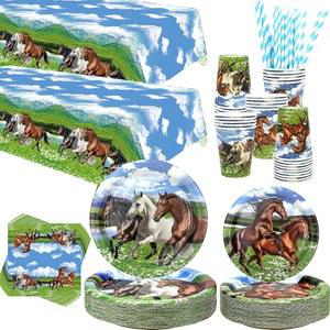 말 파티 용품 - 식기 저녁 접시 디저트 컵 냅킨 테이블 커버 빨대 경마 카우보이 웨스턴 보이 생일 장식 40인분 제공
