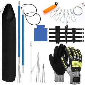 Lasnten 14개 하와이안 슬링 낚시 창 세트 섬유 유리 폴 3개와 함께 다이빙 랍스터 나이프 2개와 홀스터 2개의 칼집 2쌍 다리끈 물고기 버클 낚시용