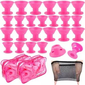 얀윤 80개 매직 실리콘 헤어 롤러 오버나이트 컬러 헤어넷 포함 40개 대형 소형 컬러(핑크)