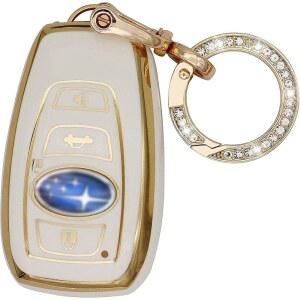 스바루 키 포브 커버용 엘레가난시 키체인이 장착된 소프트 풀 프로텍션 케이스 쉘 어센션 BRZ 크로스트렉 포레스터 임프레자 레거시 아웃백 WRX STI 화이트