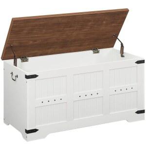 후브로 장난감 상자, 안전 경첩이 있는 보관 벤치, 나무 39.4인치 농가 보관함, 현관, 침실, 거실, 흰색 및 호두나무 WH507CW01