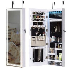 3개의 홈 미러 램프, 전체 길이의 미러, 벽/도어 장착 주얼리 아모아르 정리함, 3가지 색상의 외부 LED 조명 및 내부 6개의 조명이 있는 텍톡 캐비닛 - 흰색