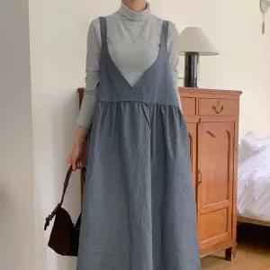 여성용 루즈핏 레이어드 랩형 나시 임산부 데님 롱드레스