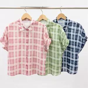 여성 여름시스루 체크린넨 셔링 반팔 블라우스