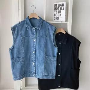 여자 캐주얼 포켓 루즈핏 데님 스냅버튼 롱 조끼