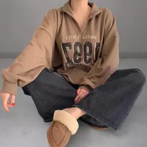 여성 아노락 반지퍼 빈티지 프린트 오버사이즈 퍼프 맨투맨