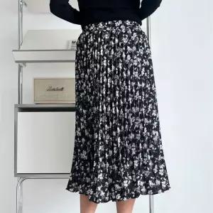 여자 플리츠 배색 플라워 패턴 밴딩 하객 롱스커트