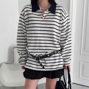 여자 스트라이프 버튼 배색 카라넥 럭비티 긴팔 티셔츠
