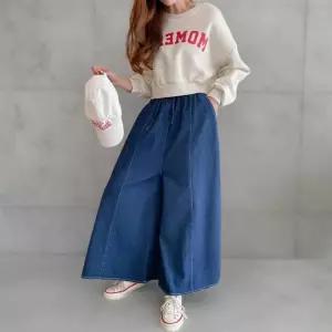 여성 면 절개 스티치 스트랩 밴딩 와이드 청바지