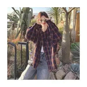 여성용 겨울 코트 체크 프렌치 빈티지 배색 짜임 트윌 윈터 트위드 재킷 KS4