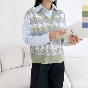 여자 클래식 하운드패턴 브이넥 니트 베스트