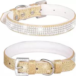 Bmmmayy 라인스톤 개 목걸이 귀여운 눈부신 반짝이는 크리스탈 다이아몬드 가죽 고양이 작은 애완동물