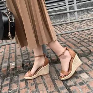 웨지힐 통굽 토 밀짚 에스파듀 웨지