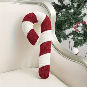 크리스마스 캔디 케인 베개, 아르데코 스트라이프. 자수, 손세탁, 폴리에스터 충전재. 장식용. 파티 및 가정