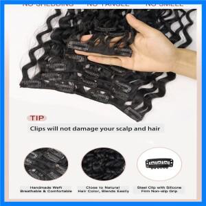 3B 워터 컬리 클립 인 헤어 익스텐션 인모 제트 블랙 # 1 천연 웨이브 컬 7개 85-120G 12A 등급 클립 버진
