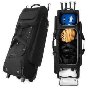 AUROTIER 대형 롤링 야구 포수 기어백, 바퀴 달린 소프트볼 가방, 펜스 훅 방수 포켓 슈즈 수납 공간이 있는 4 배트용, T볼 , 장비 더플백