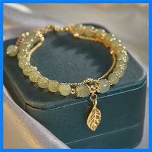 여성을위한 중국 스타일 녹색 옥 팔찌 절묘한 골드 컬러 잎 손목 스트랩 팔찌 더블 체인 팔찌 여자 선물