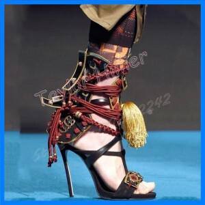 여성용 태슬 오픈 토우 하이힐 블랙 라운드 토 스틸레토 레이스 업 샌들 패션 럭셔리 스트리트 시리즈 파티