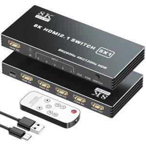 [미국배송] HDMI 2.1 스위치 5X1 8K 5 IN 1 OUT 8K/60HZ 4K/120HZ HDCP 2.3 HDR10 지원 PS3/4/5와 호환되는 5포트 스위처 셀렉터 박스 파이어 스틱 DVD XBOX 및 기타 장치