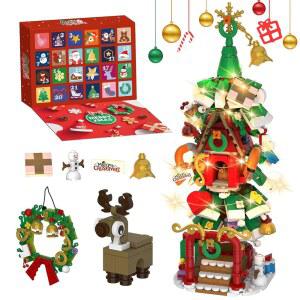 애드벤트 캘린더 2025 크리스마스 트리 하우스 빌딩 세트 화환과 순록, LED 조명이 있는 블록 키트, 24일 카운트다운 장난감 세트, 틴 보이즈 걸 선물
