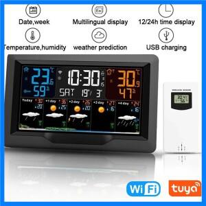 Tuya WIFI 스마트 기상 관측소 컬러 스크린 APP 제어 날씨 알람 시계 실내 및 실외 온도 습도 측정기