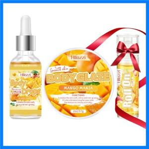 망고 바디 글레이즈 및 오일 세트에는 롤러볼 어플리케이터가 포함되어 있으며 건조한 피부에 적합하며 보
