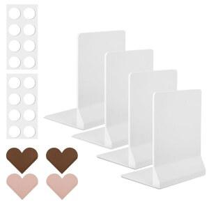 두꺼운 책을 위한 접이식 ABS 북엔드, 사무실, 서재, 도서관, 교실에 이상적이며 4개의 하트 모양 북마크와 16개의 미끄럼 방지 스티커(흰색)가 포함되어