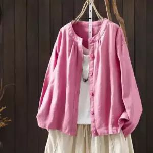 미에스틸로 여성 루즈핏 롱 셔츠 블라우스 라운드 빈티지 모시 핑크 긴팔 상의 ADOR1