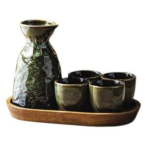 시즈카토 빈티지 그린 도자기 일본식 술잔 세트, 병 1개, 컵 및 트레이 4개 포함.