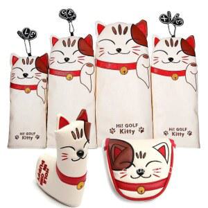고양이 PU 가죽 키티 자수 골프채 헤드 커버, 드라이버 페어웨이 우드 하이브리드 블레이드 말렛 아이언 퍼터용
