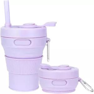 제이샤이그룹 실리콘 접이식 여행용 머그 퍼플 15온스 / 450ml - 뜨겁고 차가운 음료용 누수 방지 재사용