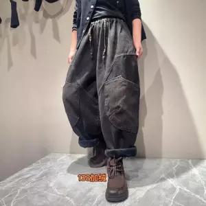 삐삐언니 여자 키작녀 배기핏 청바지 기모 겨울 빈티지 보이고 도톰배기 바지 꾹4