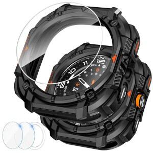 갤럭시 워치 울트라 스크린 프로텍터 47mm용 고튼 러기드 베젤 케이스 - 부드러운 TPU 범퍼 페이스 커버 7 울트라/8 액세서리용 유리 필름 2개