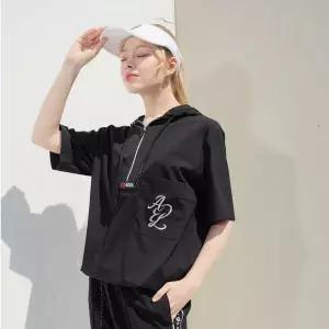 [아델라이크] 주머니 나염 레터링 5부 후드 티셔츠 파크골프옷 빅사이즈 여성후드티 여성티셔츠